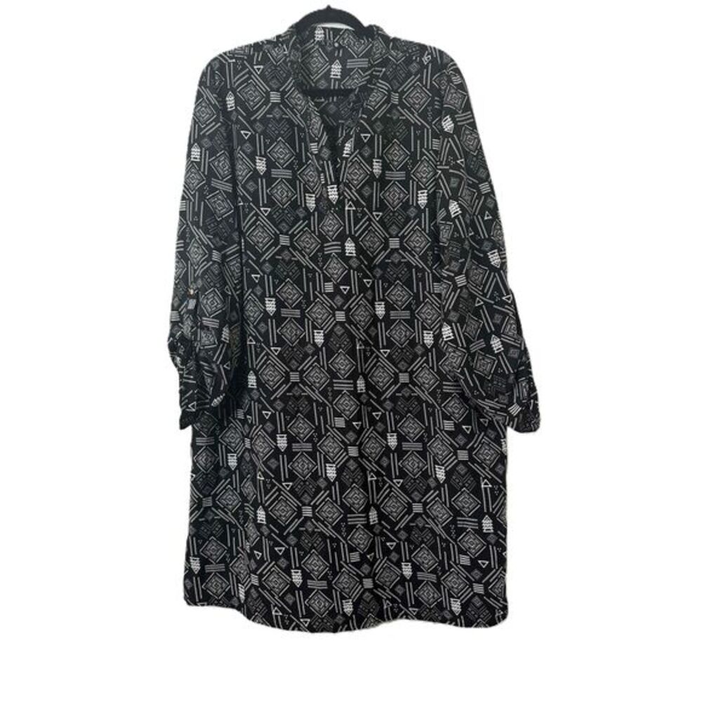 Indulge Shirtdress Womens Size 2X Black Geometric Long Sleeve Collar
